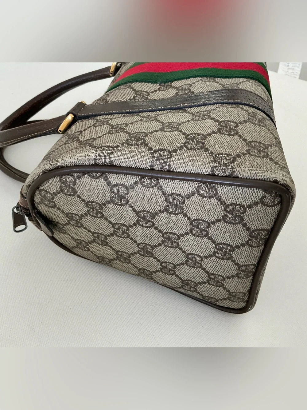 Gucci Vintage GG Supreme Boston Bag Web Stripe Satchel Brown Monogram - Picture 6 of 16